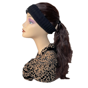 Long Curly Wavy Ponytail 20" Wig Hat Red Brown Hair with Black Knit Headband